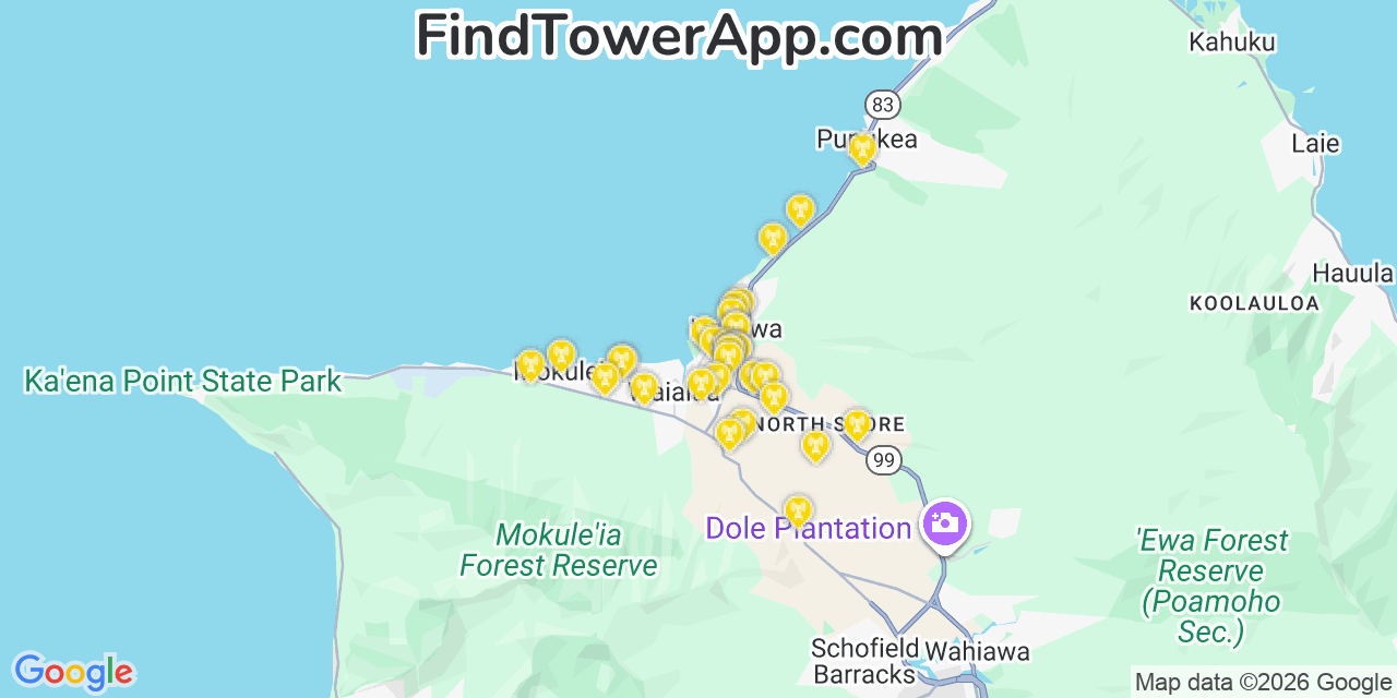 Map showing the 32 primary Verizon cell tower locations detected in Hale�Iwa, Hawaii with coverage radius and signal strength indicators
