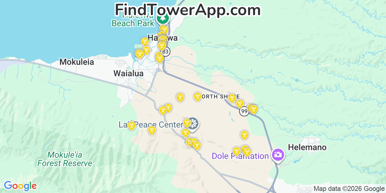 Map showing the 36 primary AT&T cell tower locations detected in Hale�Iwa, Hawaii with coverage radius and signal strength indicators