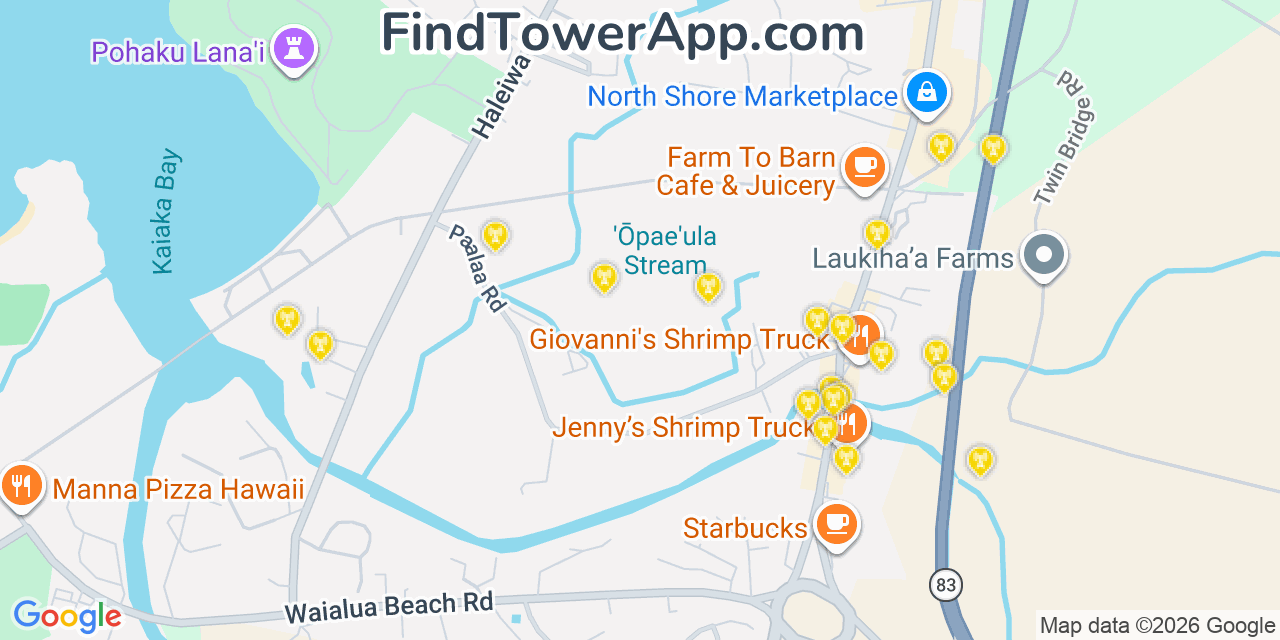 Map showing the 20 primary cell tower locations detected in Hale�Iwa, Hawaii from AT&T, Verizon, and T-Mobile networks