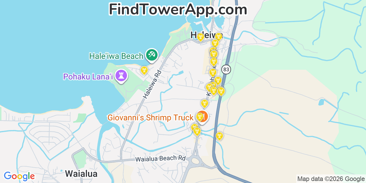Map showing the 20 primary T-Mobile cell tower locations detected in Hale�Iwa, Hawaii with coverage radius and signal strength indicators