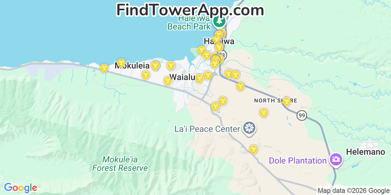Map showing the 32 primary Verizon cell tower locations detected in Hale�Iwa, Hawaii with coverage radius and signal strength indicators