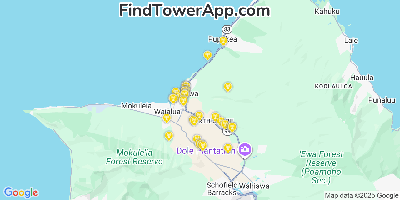 Map showing the 36 primary AT&T cell tower locations detected in Hale‘iwa, Hawaii with coverage radius and signal strength indicators