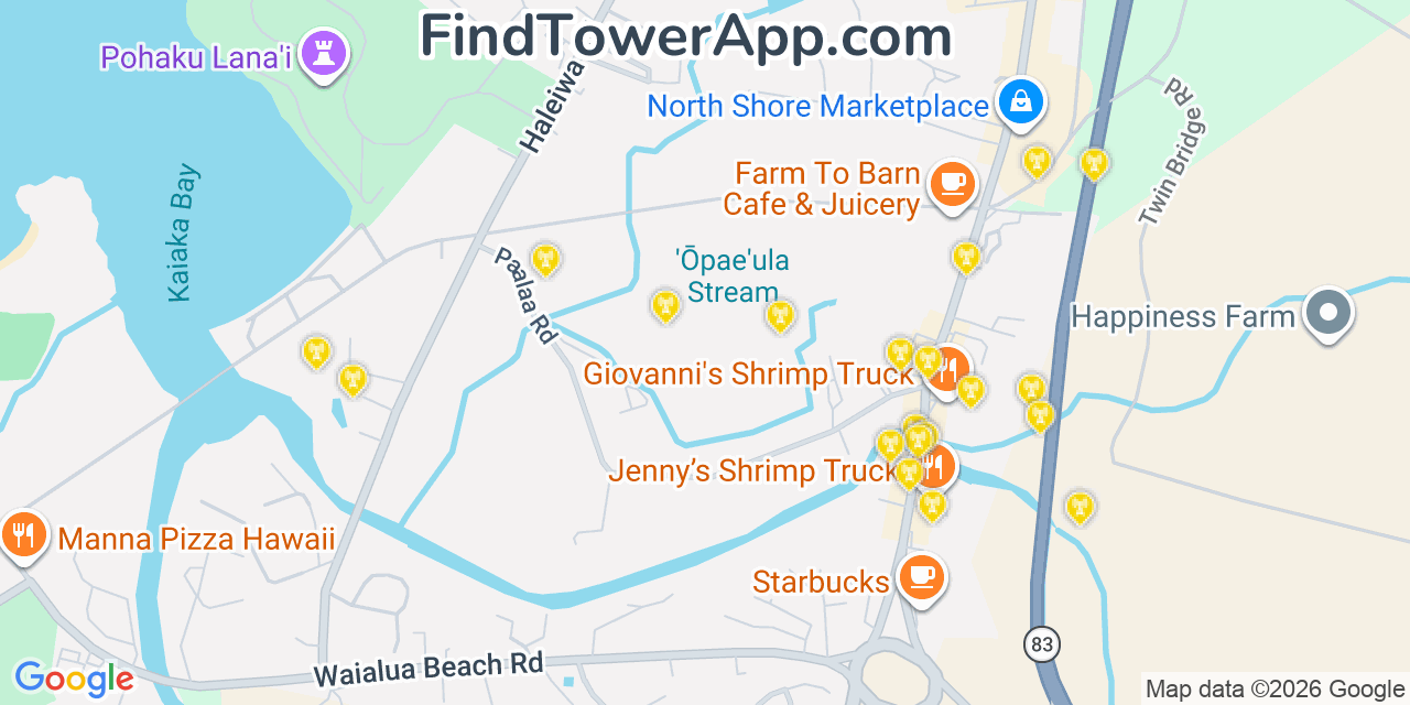 Map showing the 20 primary cell tower locations detected in Hale‘iwa, Hawaii from AT&T, Verizon, and T-Mobile networks