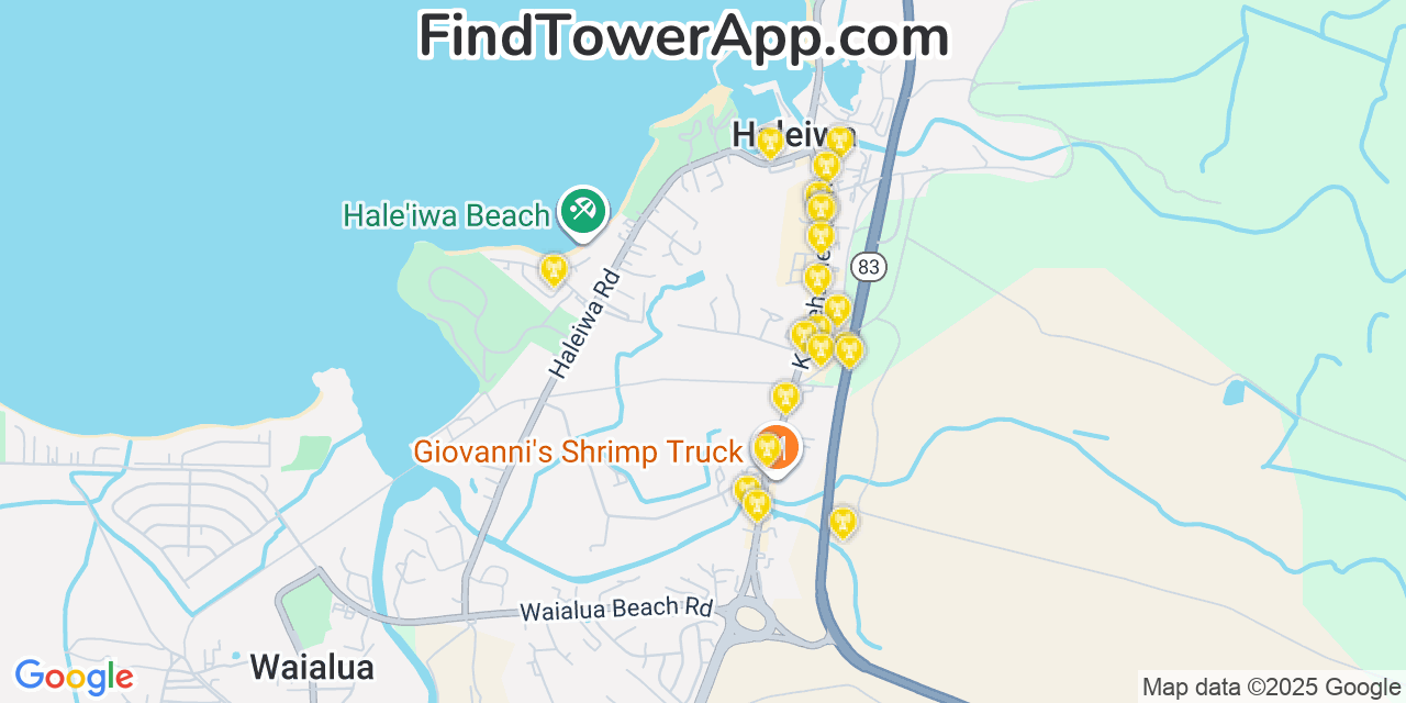 Map showing the 20 primary T-Mobile cell tower locations detected in Hale‘iwa, Hawaii with coverage radius and signal strength indicators