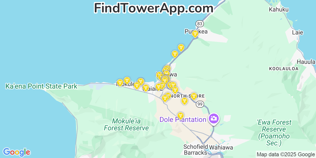 Map showing the 32 primary Verizon cell tower locations detected in Hale‘iwa, Hawaii with coverage radius and signal strength indicators