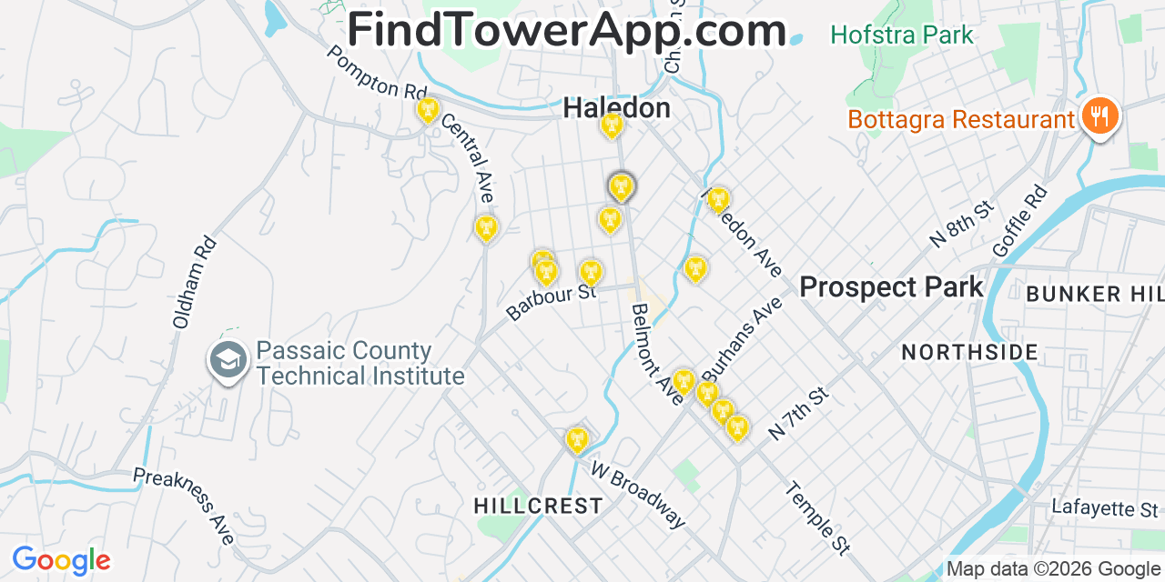 Map showing the 20 primary cell tower locations detected in Haledon, New Jersey from AT&T, Verizon, and T-Mobile networks