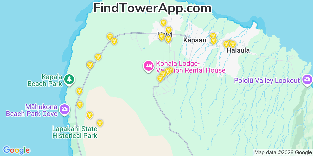 Map showing the 24 primary AT&T cell tower locations detected in Haleï¿½Iwa, Hawaii with coverage radius and signal strength indicators