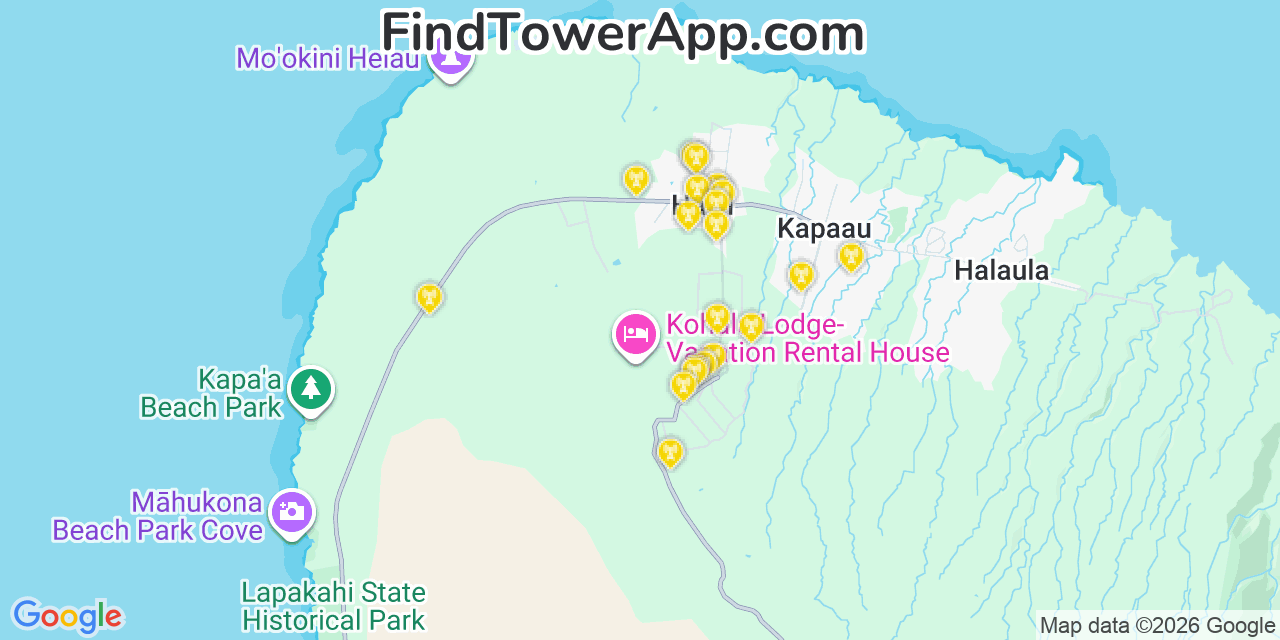 Map showing the 20 primary cell tower locations detected in Haleï¿½Iwa, Hawaii from AT&T, Verizon, and T-Mobile networks