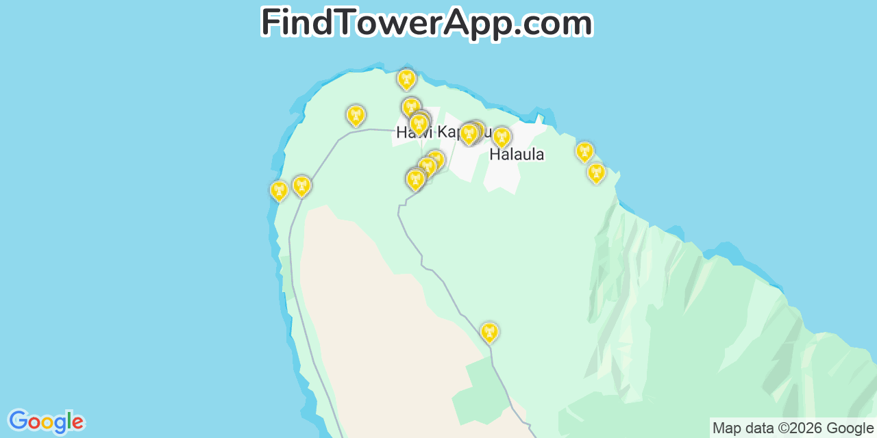 Map showing the 35 primary Verizon cell tower locations detected in Haleï¿½Iwa, Hawaii with coverage radius and signal strength indicators