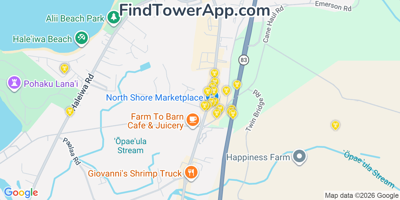 Map showing the 20 primary cell tower locations detected in Haleiwa, Hawaii from AT&T, Verizon, and T-Mobile networks