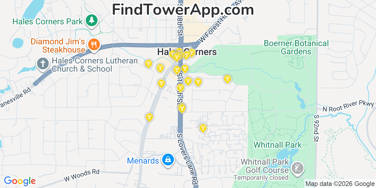 Map showing the 20 primary cell tower locations detected in Hales Corners, Wisconsin from AT&T, Verizon, and T-Mobile networks