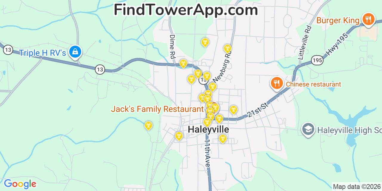 Map showing the 20 primary cell tower locations detected in Haleyville, Alabama from AT&T, Verizon, and T-Mobile networks