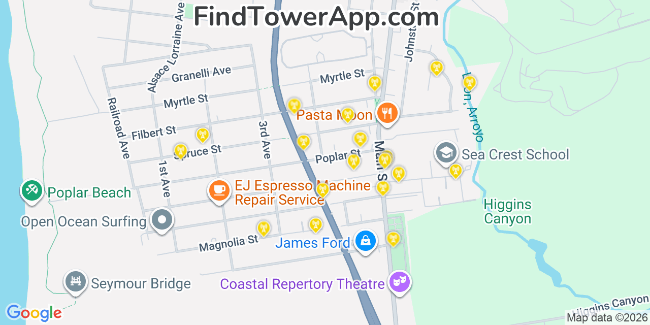 Map showing the 20 primary cell tower locations detected in Half Moon Bay, California from AT&T, Verizon, and T-Mobile networks