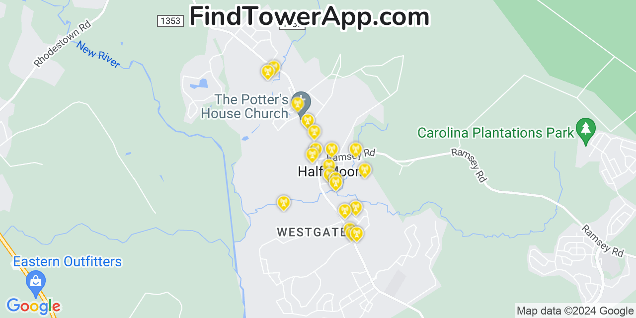 AT&T 4G/5G cell tower coverage map Half Moon, North Carolina