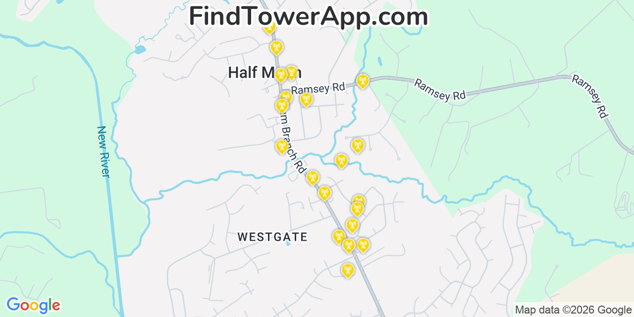 Map showing the 20 primary cell tower locations detected in Half Moon, North Carolina from AT&T, Verizon, and T-Mobile networks