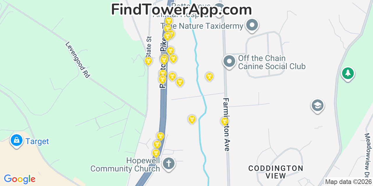 Map showing the 20 primary cell tower locations detected in Halfway House, Pennsylvania from AT&T, Verizon, and T-Mobile networks