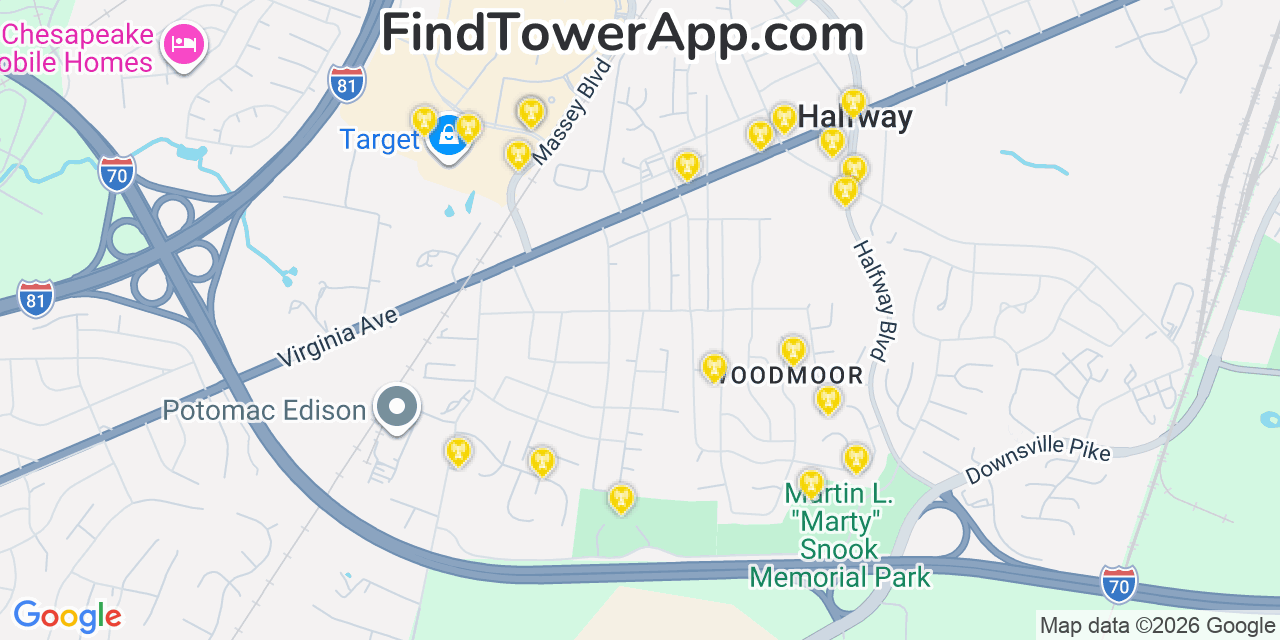 Map showing the 20 primary cell tower locations detected in Halfway, Maryland from AT&T, Verizon, and T-Mobile networks