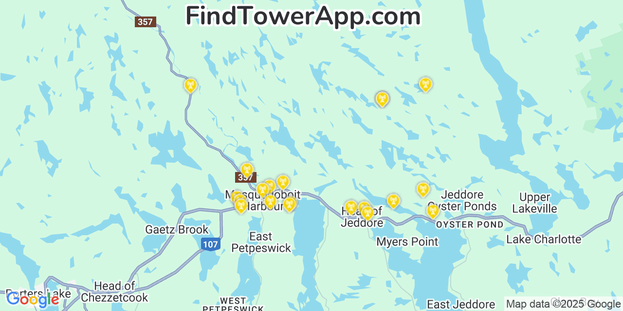 Map showing the 20 primary cell tower locations detected in Halifax, Canada with coverage areas and signal strength