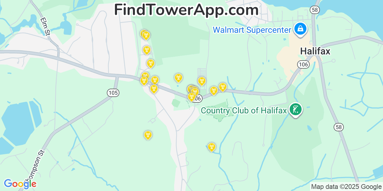 Map showing the 20 primary cell tower locations detected in Halifax, Massachusetts from AT&T, Verizon, and T-Mobile networks