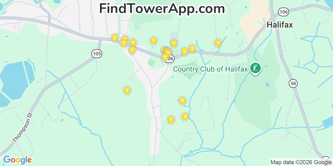 Map showing the 20 primary cell tower locations detected in Halifax, Massachusetts from AT&T, Verizon, and T-Mobile networks