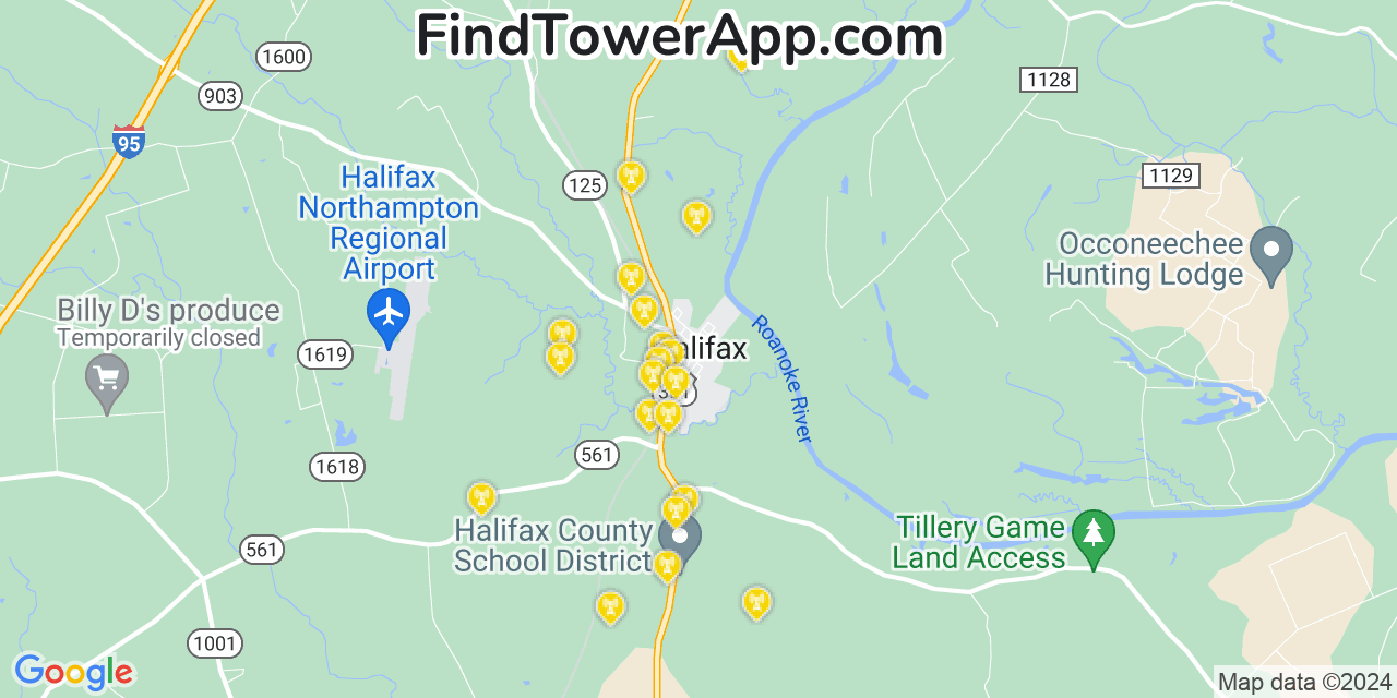 AT&T 4G/5G cell tower coverage map Halifax, North Carolina