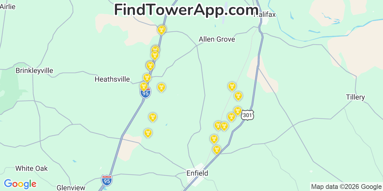 Map showing the 20 primary cell tower locations detected in Halifax, North Carolina from AT&T, Verizon, and T-Mobile networks