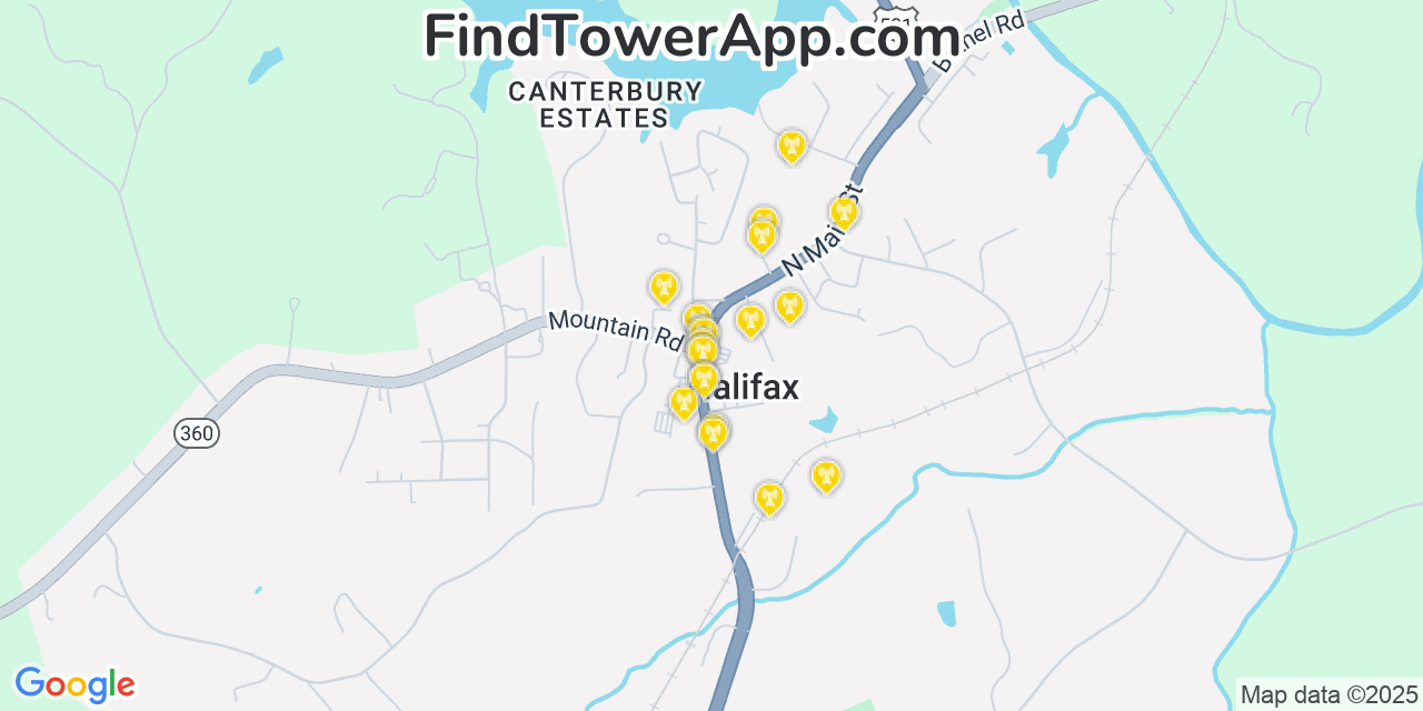 Map showing the 20 primary cell tower locations detected in Halifax, Virginia from AT&T, Verizon, and T-Mobile networks