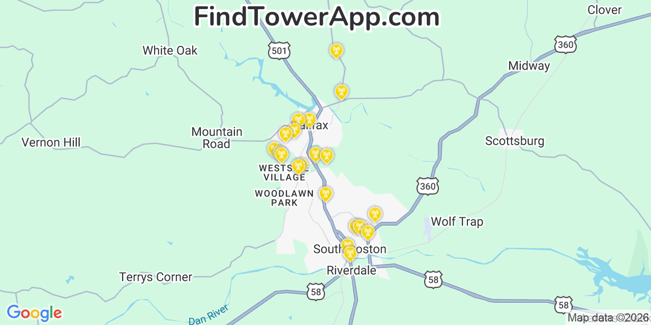 Map showing the 20 primary cell tower locations detected in Halifax, Virginia from AT&T, Verizon, and T-Mobile networks