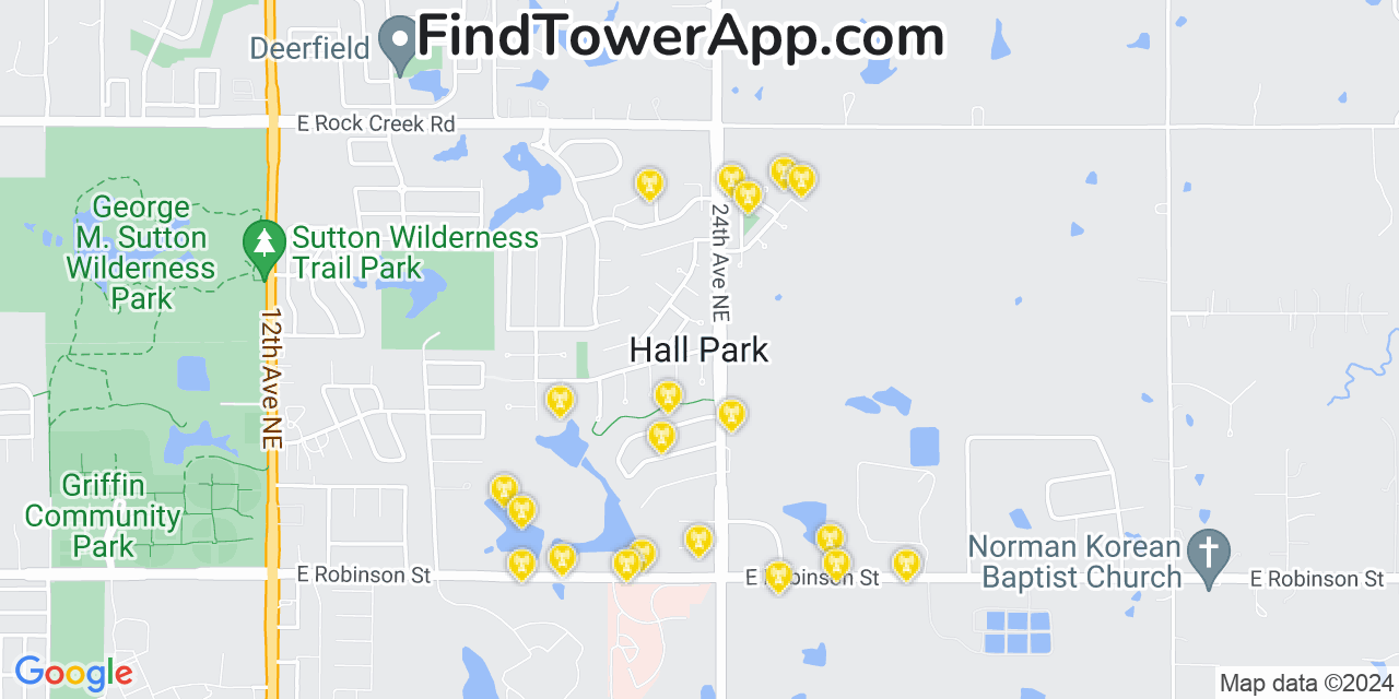 AT&T 4G/5G cell tower coverage map Hall Park, Oklahoma