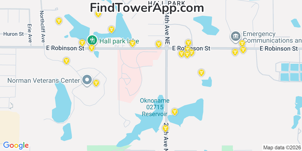 Map showing the 20 primary cell tower locations detected in Hall Park, Oklahoma from AT&T, Verizon, and T-Mobile networks