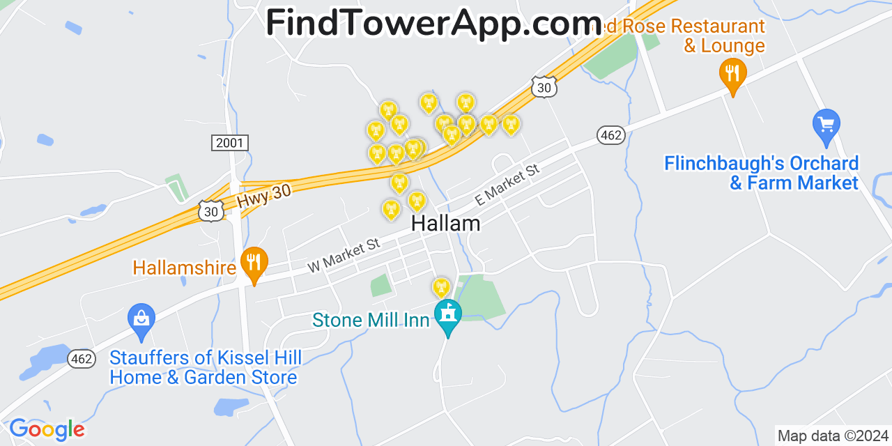 AT&T 4G/5G cell tower coverage map Hallam, Pennsylvania