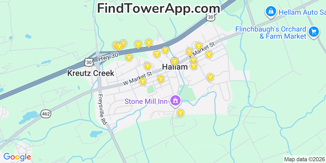 Map showing the 20 primary cell tower locations detected in Hallam, Pennsylvania from AT&T, Verizon, and T-Mobile networks