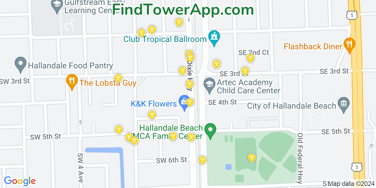 AT&T 4G/5G cell tower coverage map Hallandale Beach, Florida