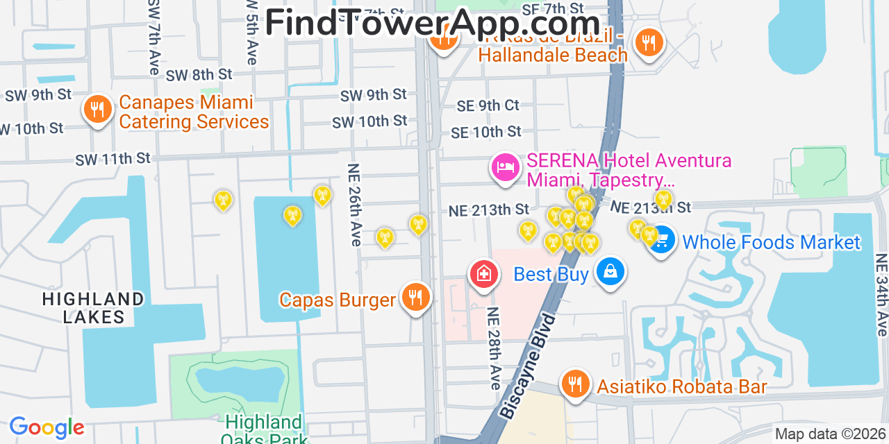 Map showing the 20 primary cell tower locations detected in Hallandale Beach, Florida from AT&T, Verizon, and T-Mobile networks