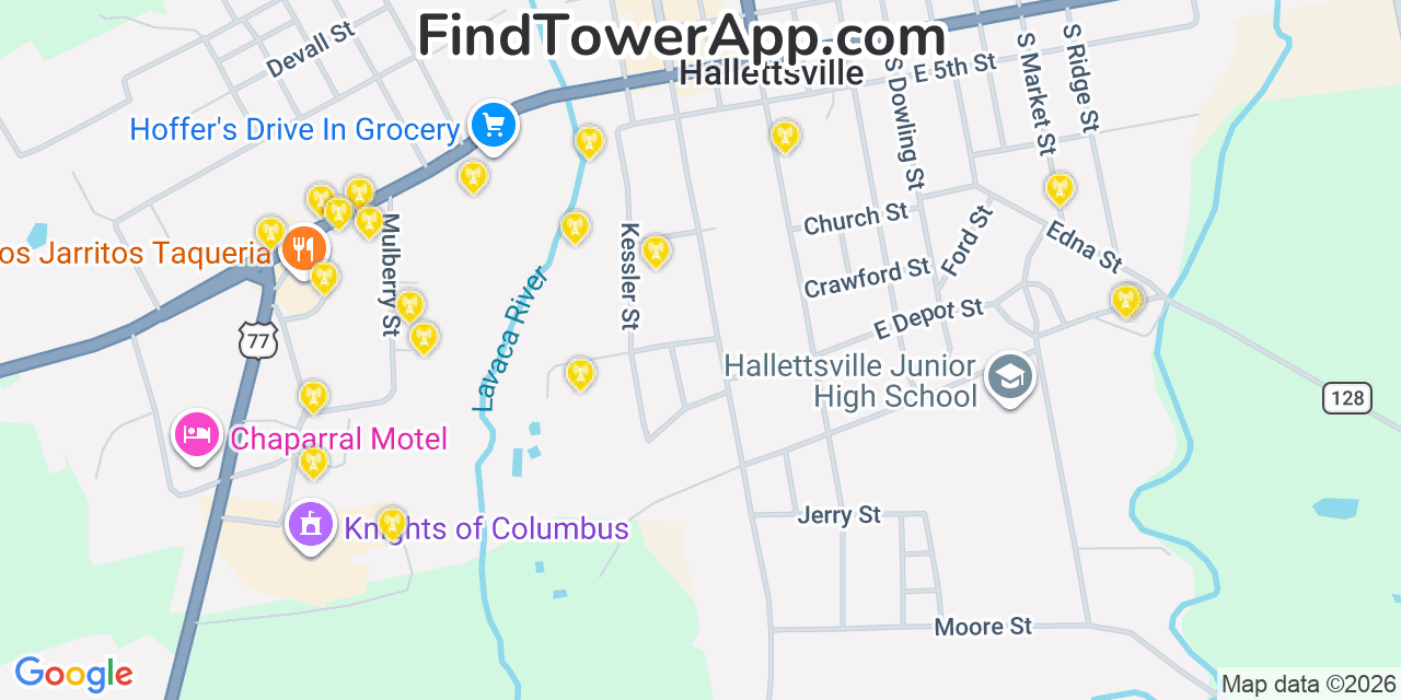 Map showing the 20 primary cell tower locations detected in Hallettsville, Texas from AT&T, Verizon, and T-Mobile networks