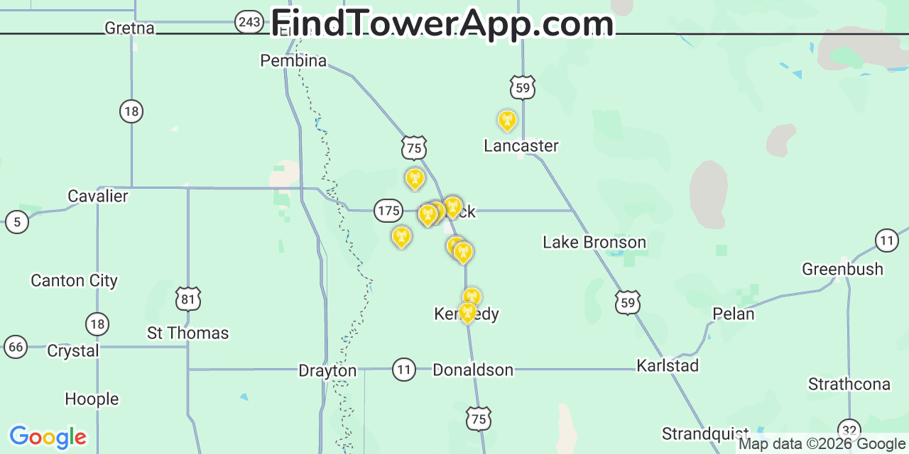 Map showing the 20 primary cell tower locations detected in Hallock, Minnesota from AT&T, Verizon, and T-Mobile networks