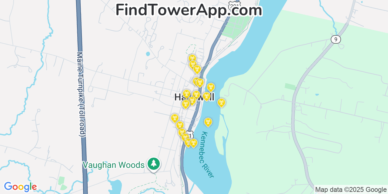 Map showing the 20 primary cell tower locations detected in Hallowell, Maine from AT&T, Verizon, and T-Mobile networks