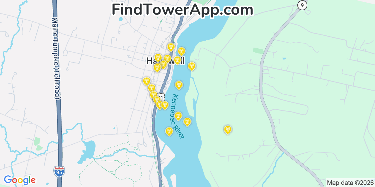 Map showing the 20 primary cell tower locations detected in Hallowell, Maine from AT&T, Verizon, and T-Mobile networks