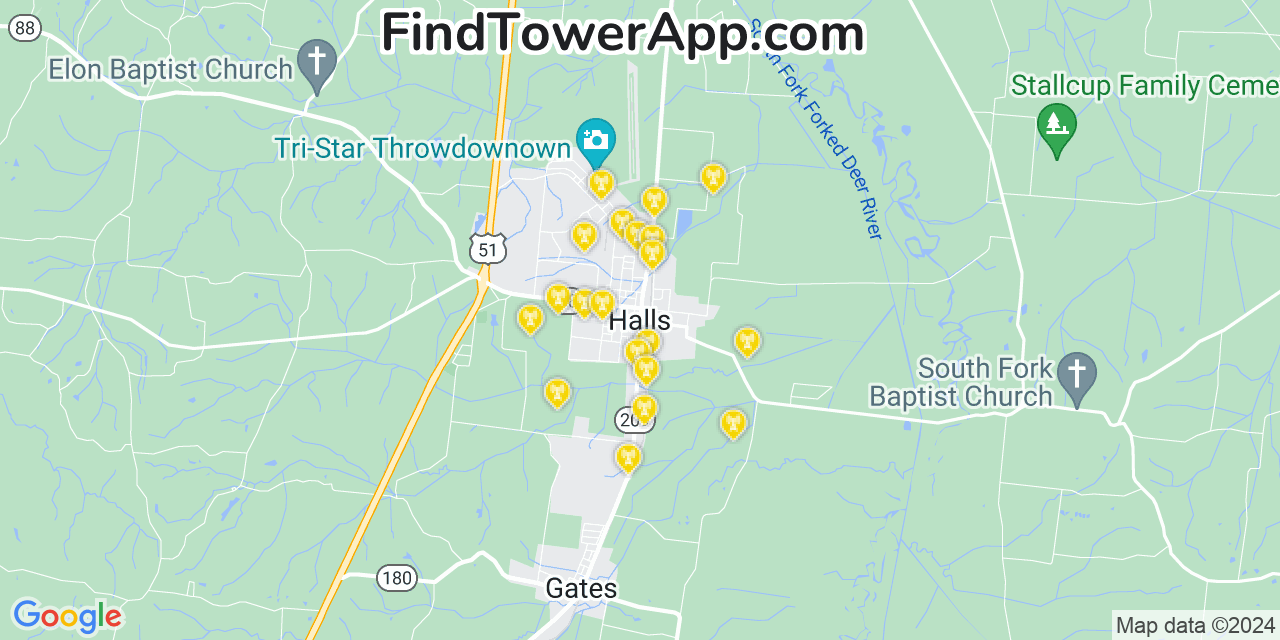 AT&T 4G/5G cell tower coverage map Halls, Tennessee