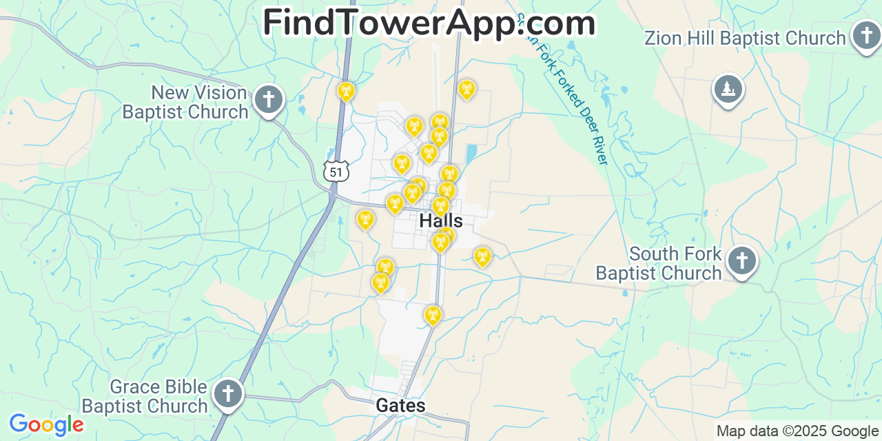 Map showing the 20 primary cell tower locations detected in Halls, Tennessee from AT&T, Verizon, and T-Mobile networks