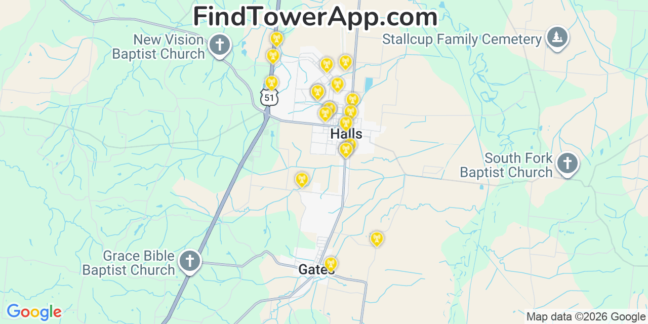 Map showing the 20 primary cell tower locations detected in Halls, Tennessee from AT&T, Verizon, and T-Mobile networks