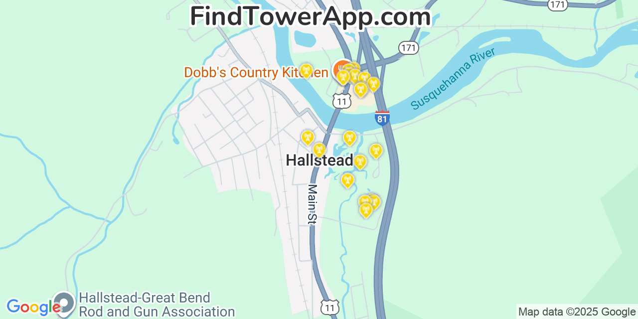 Map showing the 20 primary cell tower locations detected in Hallstead, Pennsylvania from AT&T, Verizon, and T-Mobile networks