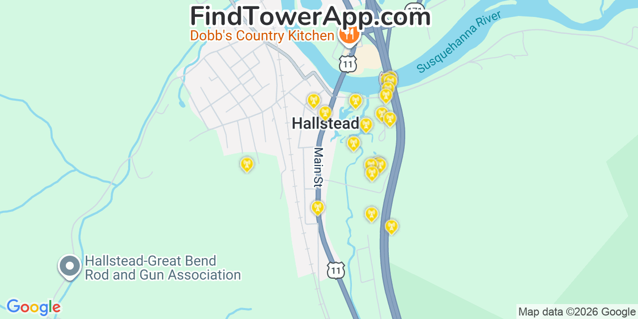 Map showing the 20 primary cell tower locations detected in Hallstead, Pennsylvania from AT&T, Verizon, and T-Mobile networks