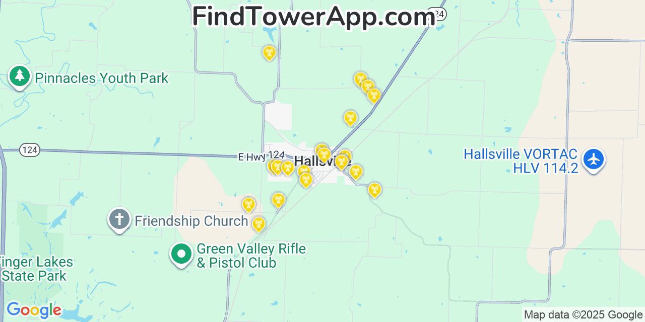Map showing the 20 primary cell tower locations detected in Hallsville, Missouri from AT&T, Verizon, and T-Mobile networks