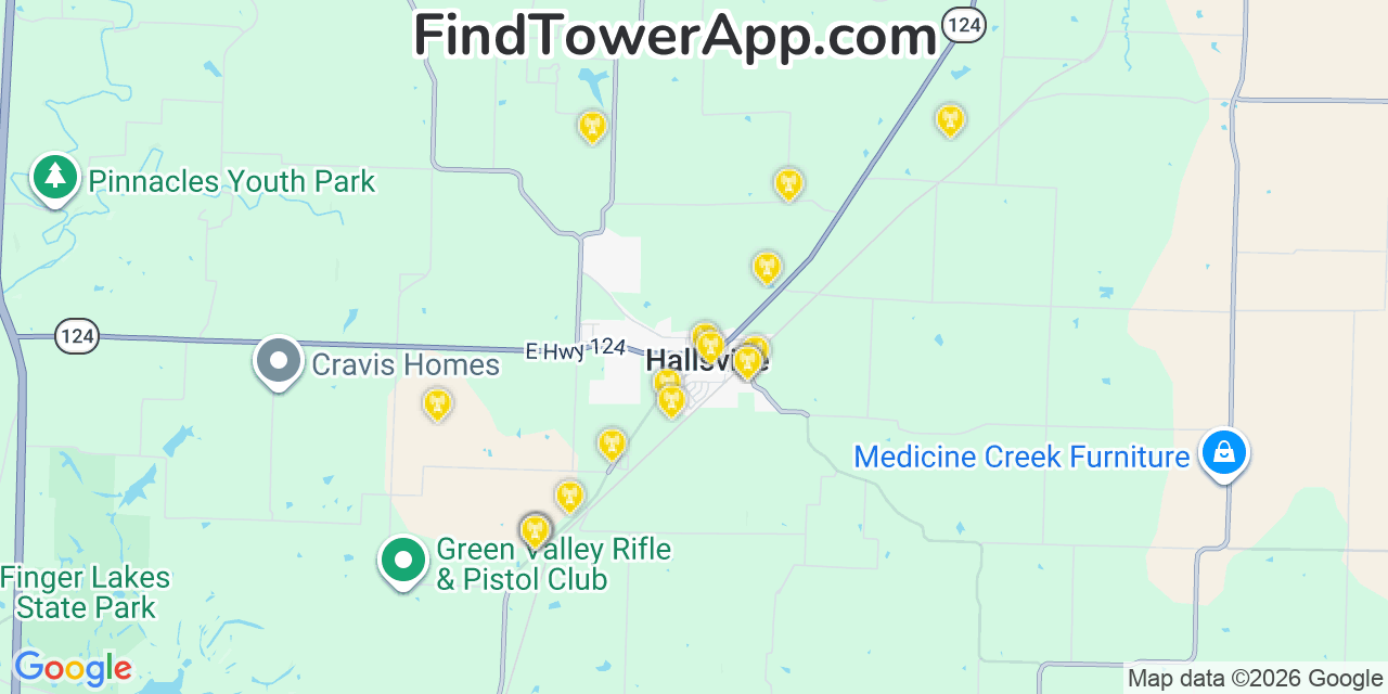 Map showing the 20 primary cell tower locations detected in Hallsville, Missouri from AT&T, Verizon, and T-Mobile networks