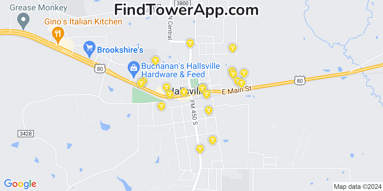 AT&T 4G/5G cell tower coverage map Hallsville, Texas