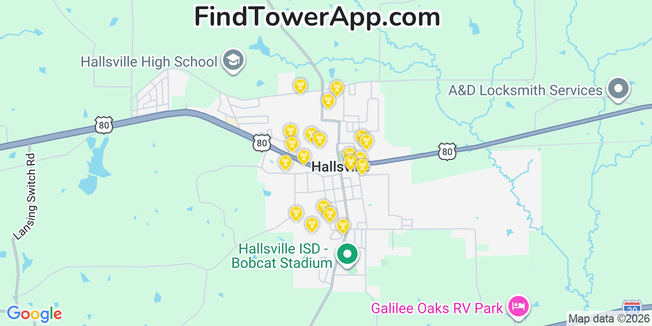 Map showing the 20 primary cell tower locations detected in Hallsville, Texas from AT&T, Verizon, and T-Mobile networks