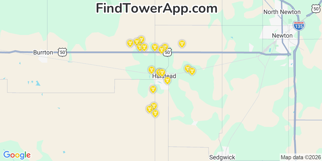 Map showing the 20 primary cell tower locations detected in Halstead, Kansas from AT&T, Verizon, and T-Mobile networks