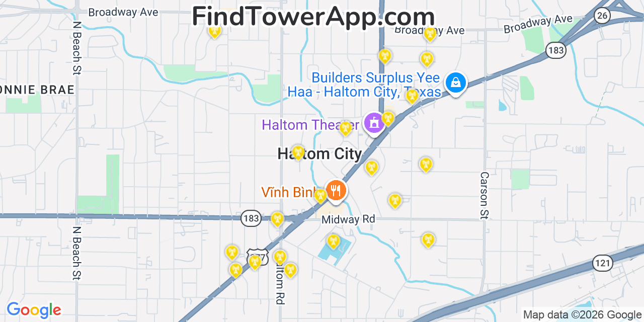 Map showing the 20 primary cell tower locations detected in Haltom City, Texas from AT&T, Verizon, and T-Mobile networks