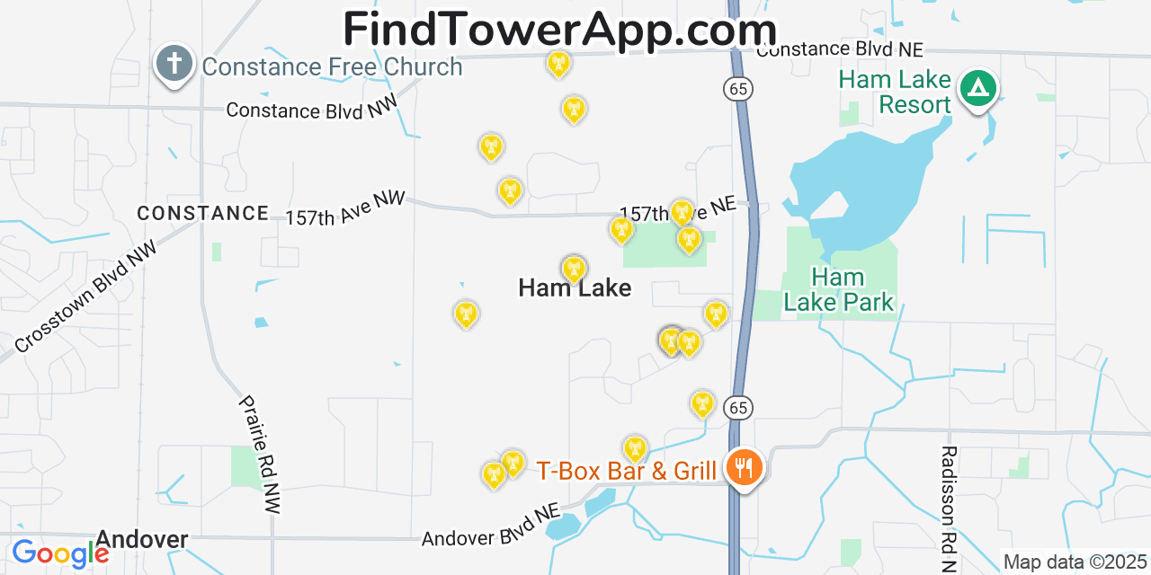 Map showing the 20 primary cell tower locations detected in Ham Lake, Minnesota from AT&T, Verizon, and T-Mobile networks